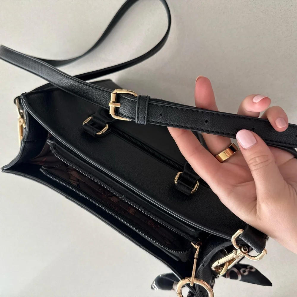 Black Structured Top Handle Crossbody Purse Faux Leather Basic Purse Everyday - Picture 11 of 13